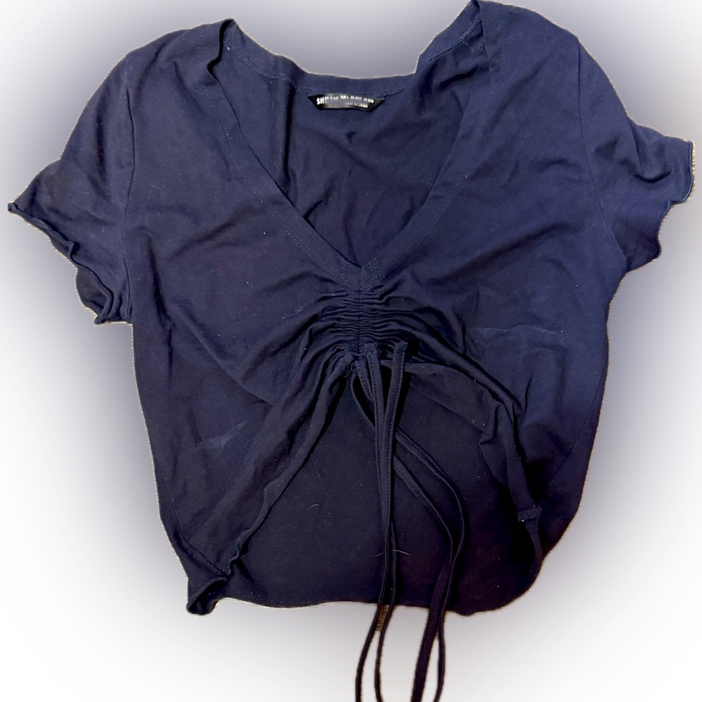 SHEIN Deep Blue Gathered V-Neck Blouse | Sz L